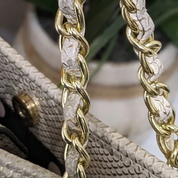 Anne Klein Shoulder Bag Purse, Off White, Snake Skin Look Gold Accents - Picture 12 of 13